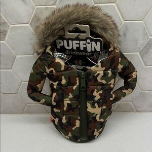Puffin Drinkwear Camouflage Can Drink Cooler Coozie Faux Fur Hood
